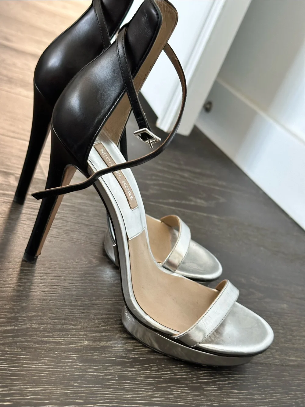 Michael Kors Black and Silver Stiletto Ankle-Strap Sandals